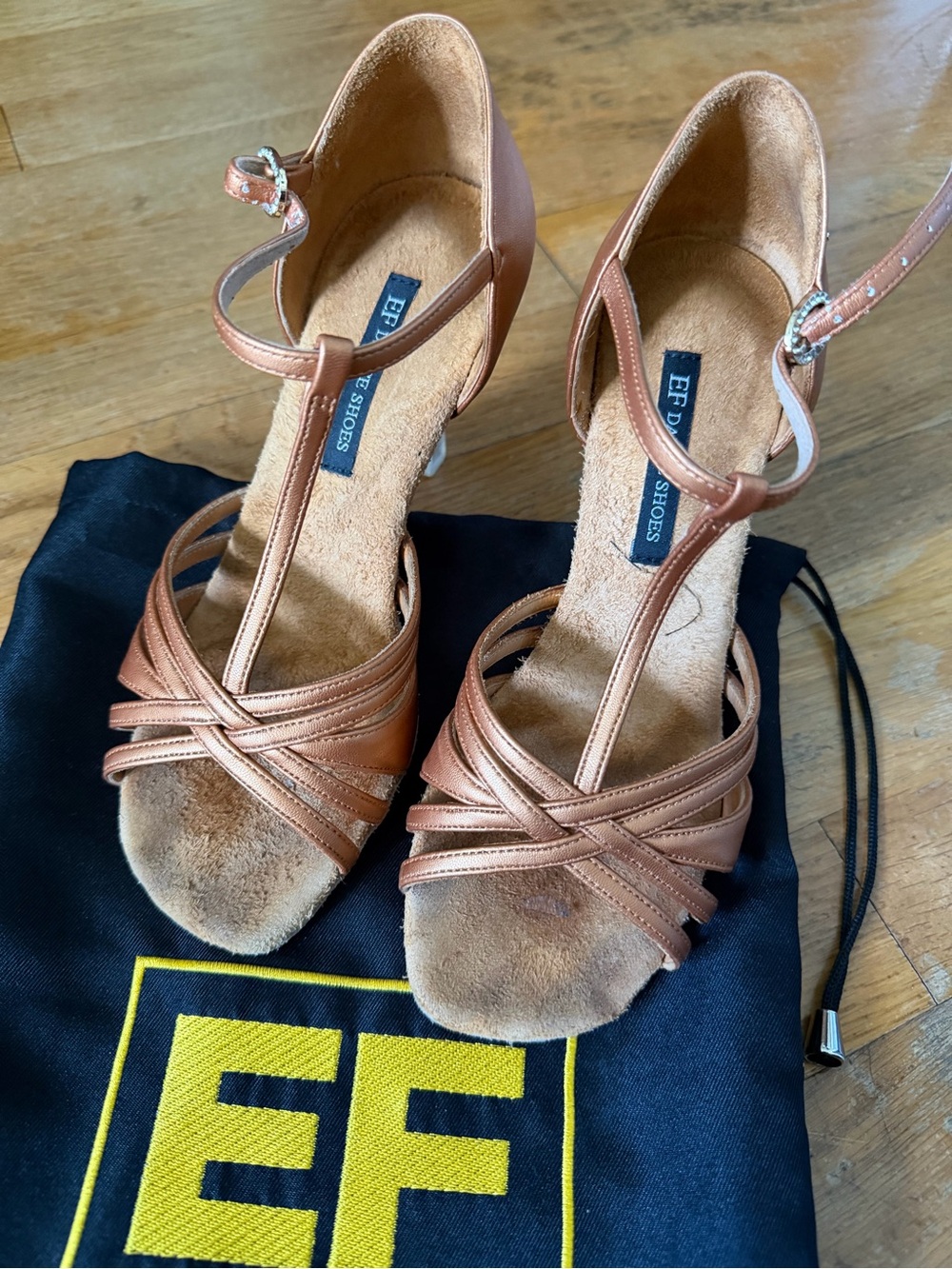 EF Dance Shoes Women’s Latin Dark Tan Leather T-Strap Heels, 205-T, size 37.5